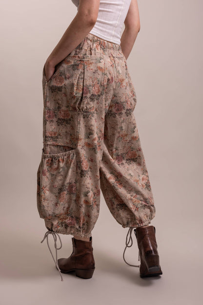 Floral Print Parachute Wide Leg Cargo Pants