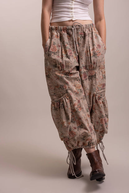 Floral Print Parachute Wide Leg Cargo Pants