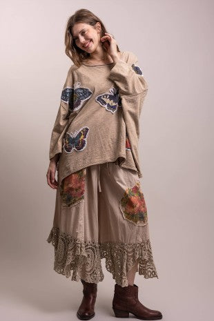 Pre-Order December Patchwork Knit Ruffle Hem Wide Pants