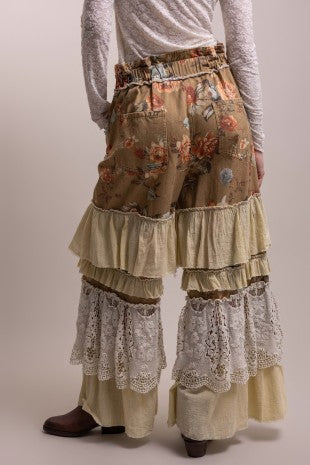 Pre-Order December Flower Print Multi Fabric Tiered Ruffle Pants