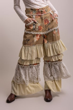 Pre-Order December Flower Print Multi Fabric Tiered Ruffle Pants