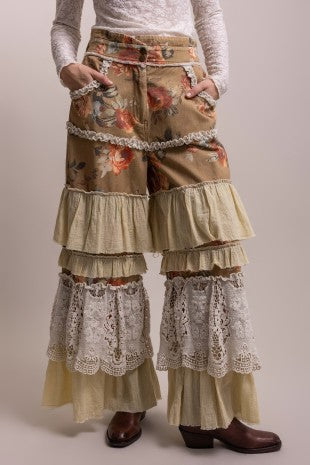 Pre-Order December Flower Print Multi Fabric Tiered Ruffle Pants