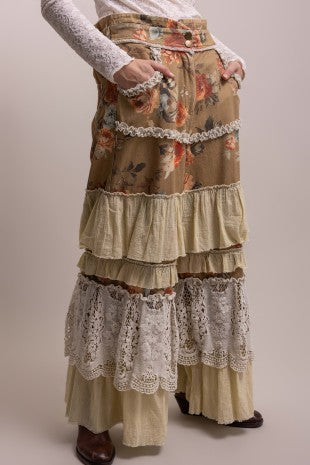 Pre-Order December Flower Print Multi Fabric Tiered Ruffle Pants