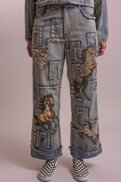 Preorder Shipping 12/15 - Horse Patchwork Straight Leg Pant