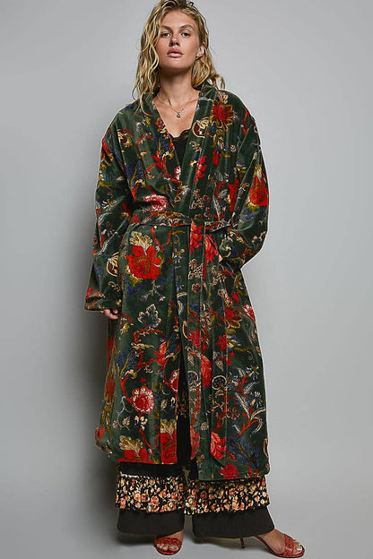 Full Length Self Tie Belt Kimono Style Robe Velvet Jacket in Green