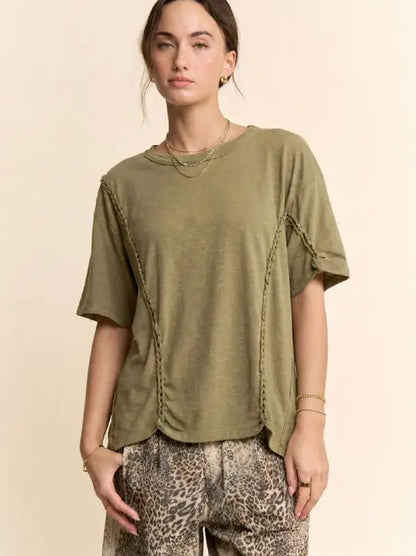 Braided Seam Detail Drop Shoulder Tee Khaki Olive