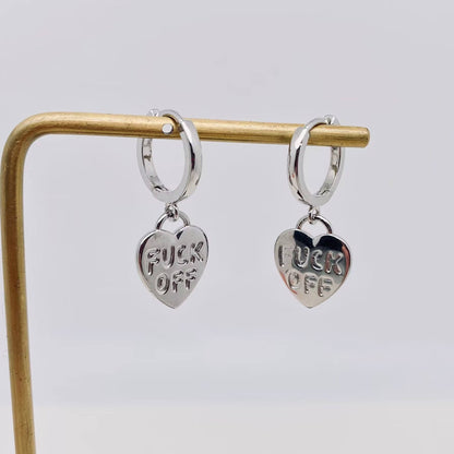 "Fuck off" Heart-shaped Gold Plated Huggie Earrings: Silver