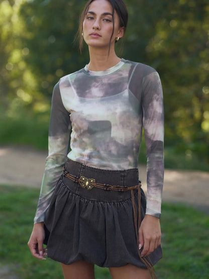 Sheer Long Sleeve Top in Olive
