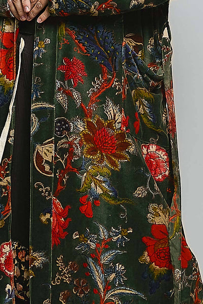 Full Length Self Tie Belt Kimono Style Robe Velvet Jacket in Green