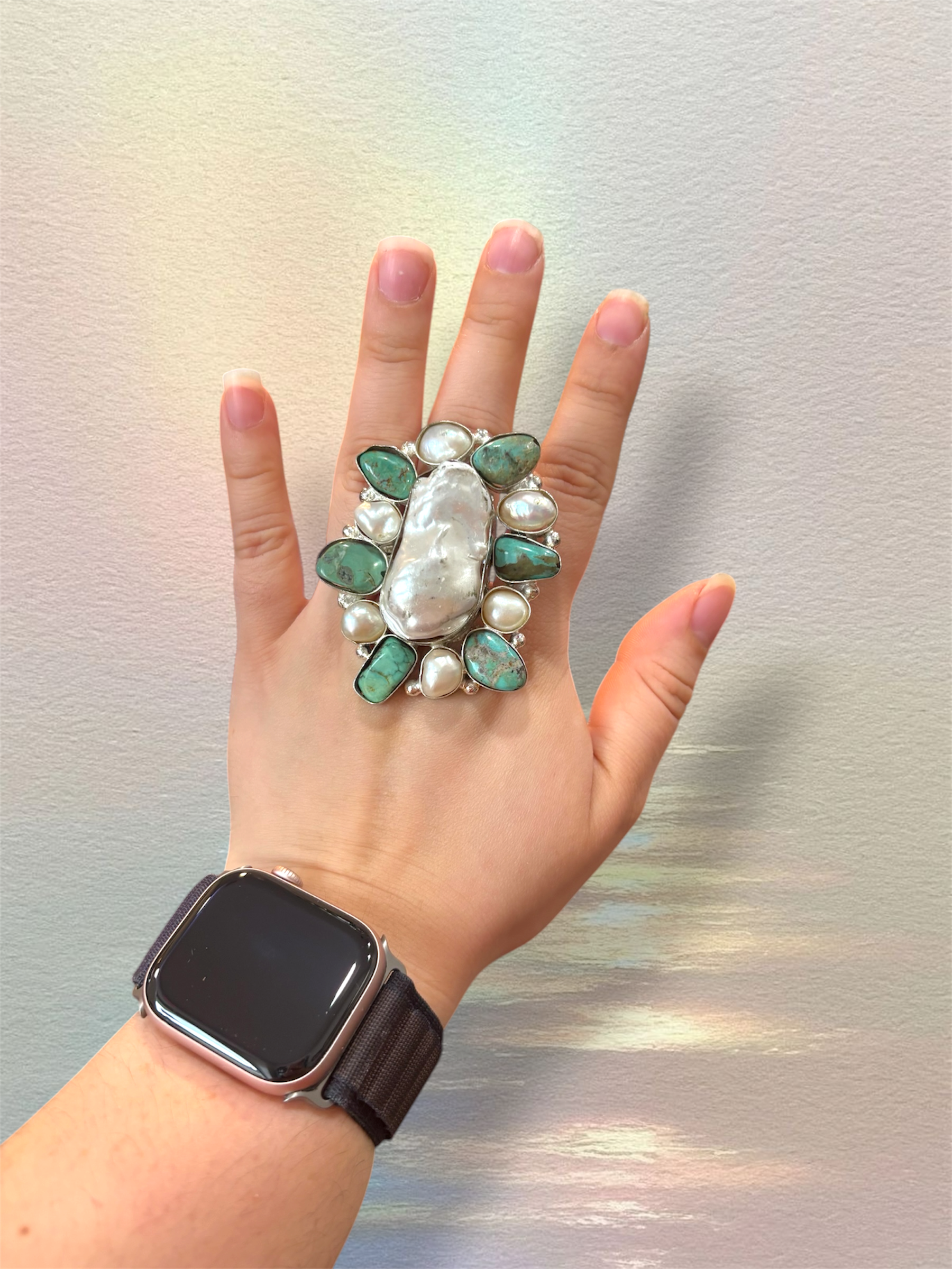 Preorder - Long Turquoise Baroque Pearl Adjustable Ring