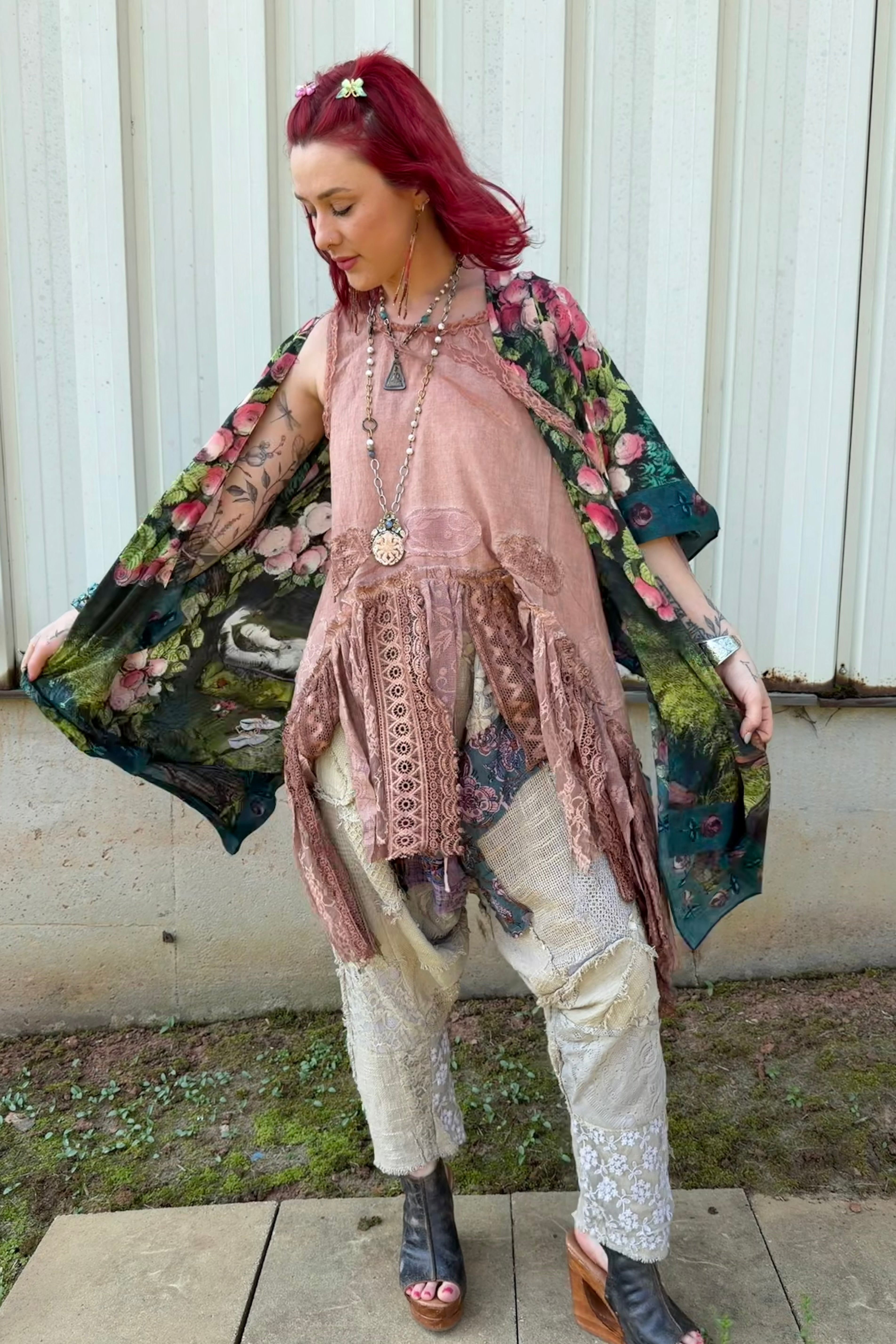 FINAL SALE The Daydreamer Goddess Duster Kimono w/ Roses & Rabbits