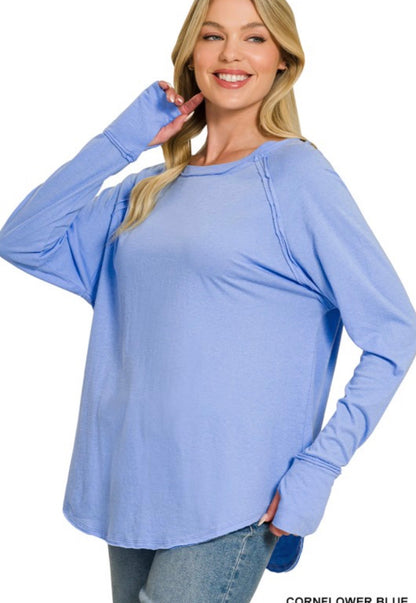Hally Cotton Raglan Thumbhole Long Sleeve in Cornflower Flower