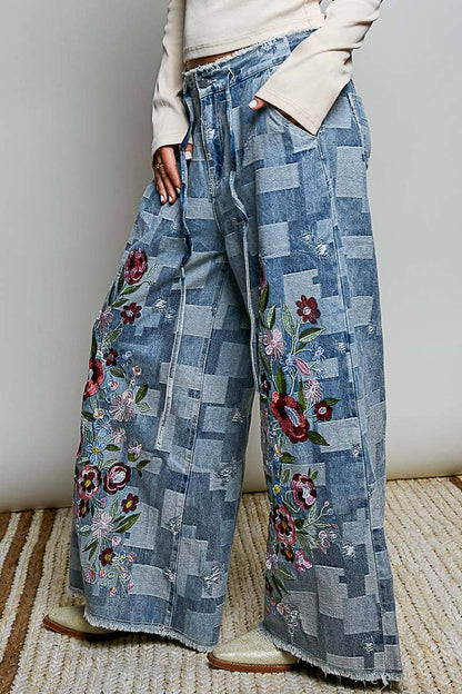 Floral Maze Vintage Patchwork Denim Floral Embroidered Wide Leg Pants