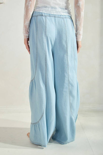 Chambray Denim Wide Palazzo Pants: Washed Dark Chambray