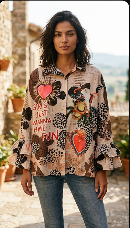 Printed Zebra Heart Shirt Beige