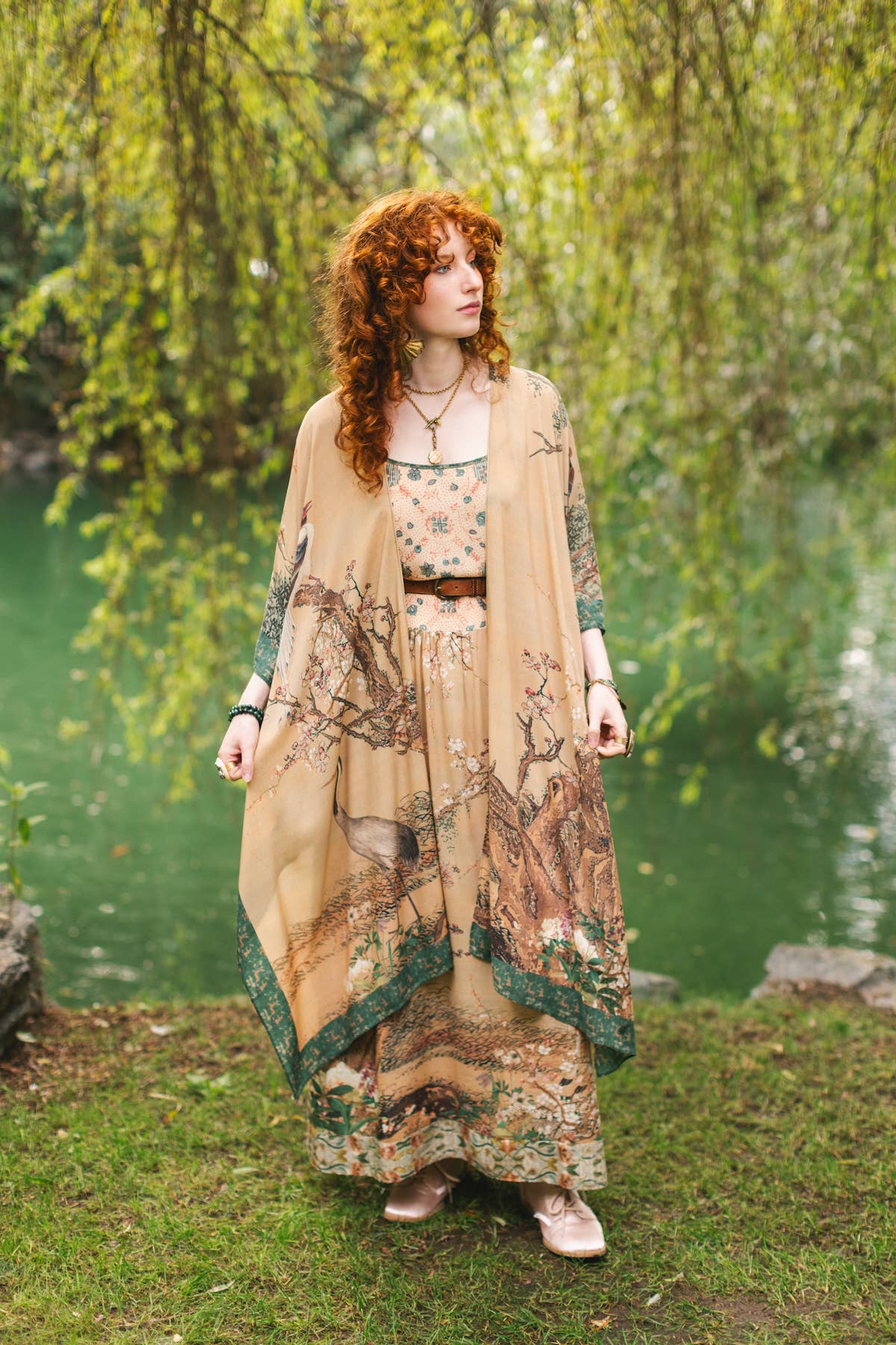 Fable Bohéme Long Maxi Slip Dress w/ Blossoms, Deer & Moon