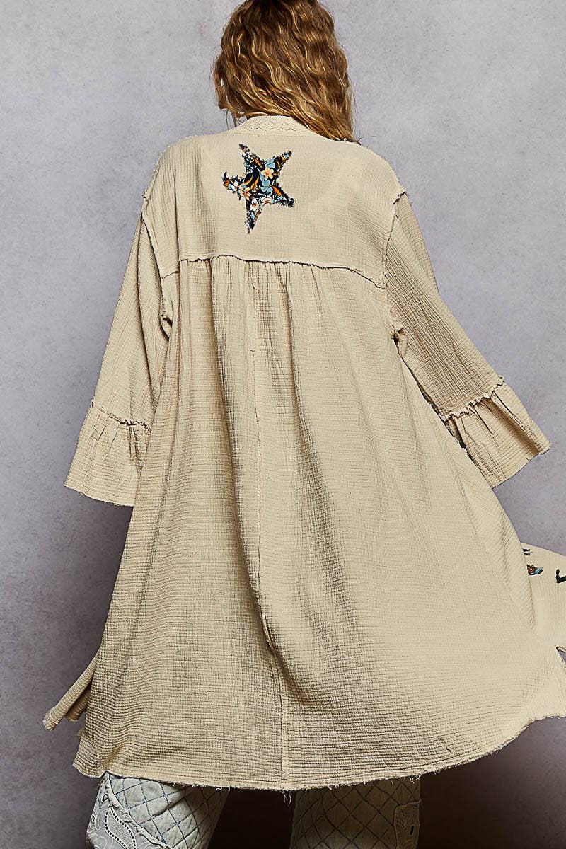 3/4 sleeve double gauze printed ruffle woven long cardigan - ivyandlavyboutique Pol Clothing