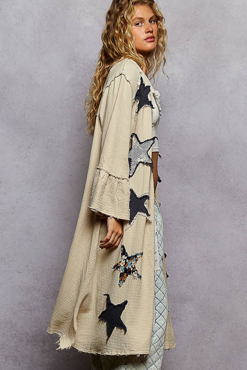 3/4 sleeve double gauze printed ruffle woven long cardigan - ivyandlavyboutique Pol Clothing