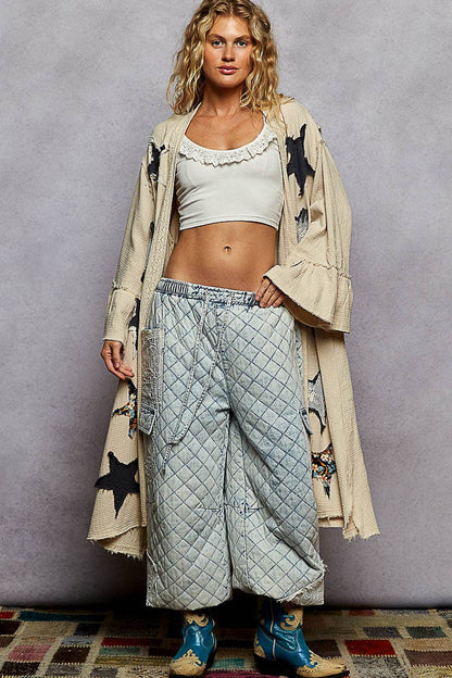 3/4 sleeve double gauze printed ruffle woven long cardigan - ivyandlavyboutique Pol Clothing