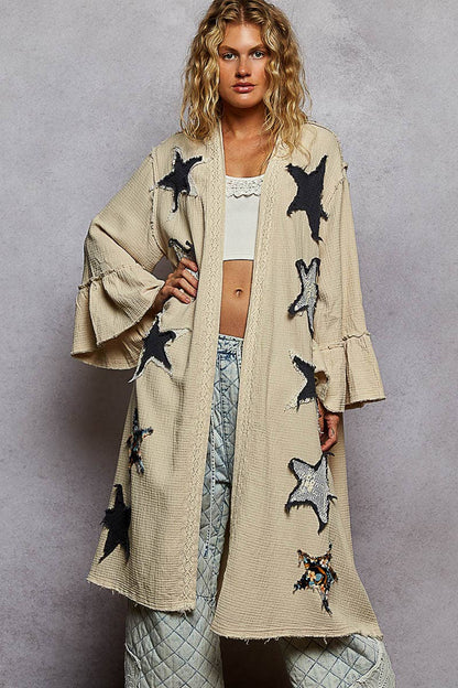 3/4 sleeve double gauze printed ruffle woven long cardigan - ivyandlavyboutique Pol Clothing