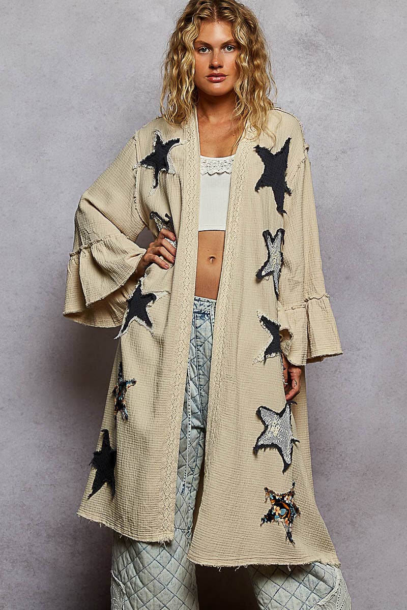 3/4 sleeve double gauze printed ruffle woven long cardigan - ivyandlavyboutique Pol Clothing