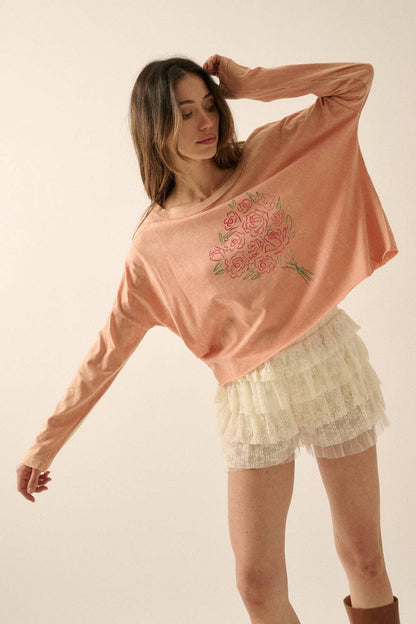 Rose Bouquet Cropped Long-Sleeve Graphic Tee