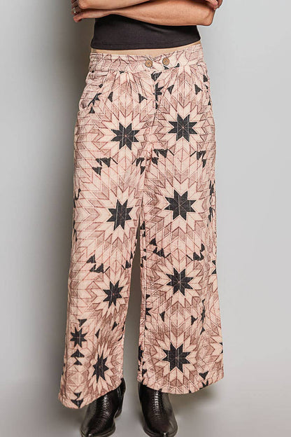Elasticized Back Waistband Geometric Star Wide Leg Pants