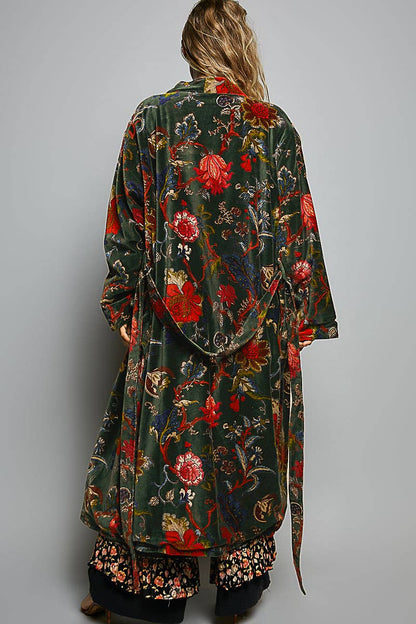 Full Length Self Tie Belt Kimono Style Robe Velvet Jacket in Green