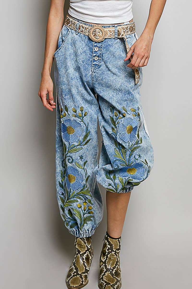 Picking Flower Vintage Floral Artisan Embroidered Twill Jogger Pants