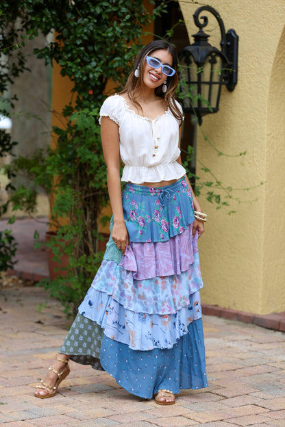 Sage & Sky Patchwork Tiered Ruffel Skirt