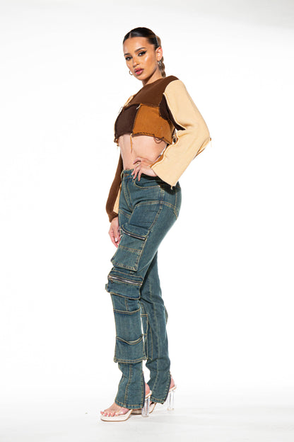 Raw Edge Color Block Cropped Knit Sweater