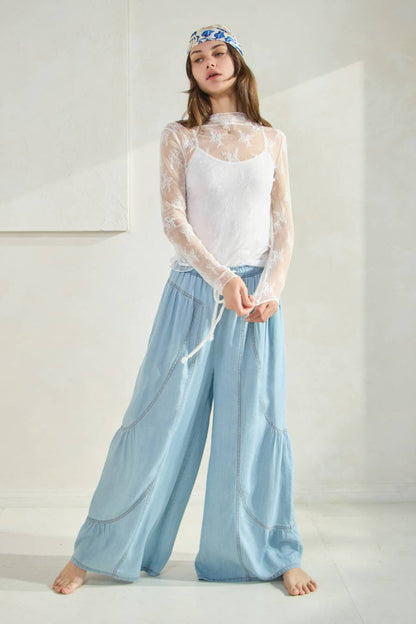 Chambray Denim Wide Palazzo Pants: Washed Dark Chambray