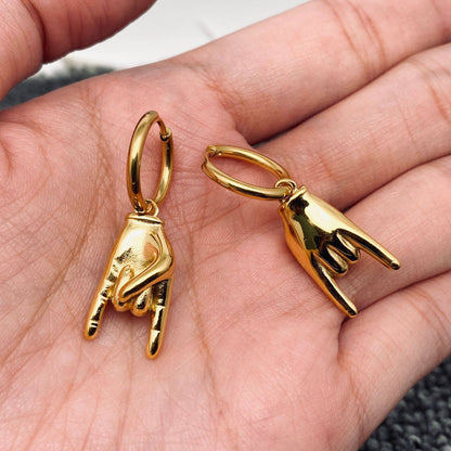18K Gold Plated Rock & Roll Gesture Charm Huggie Earring-FGS
