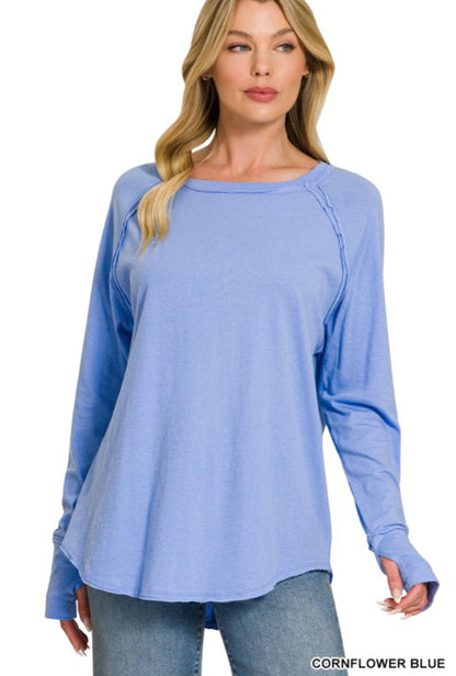 Hally Cotton Raglan Thumbhole Long Sleeve in Cornflower Flower