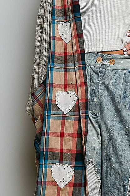 Heart Throb Plaid Textured Lace Heart Patch Woven Open Front Coat in Green