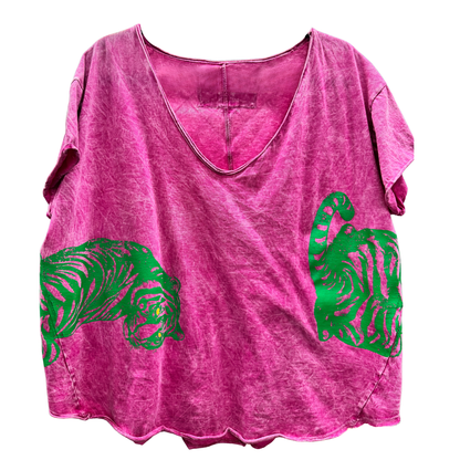 Vintage Style Tee with Tiger Graphic on Front and Back: Pink