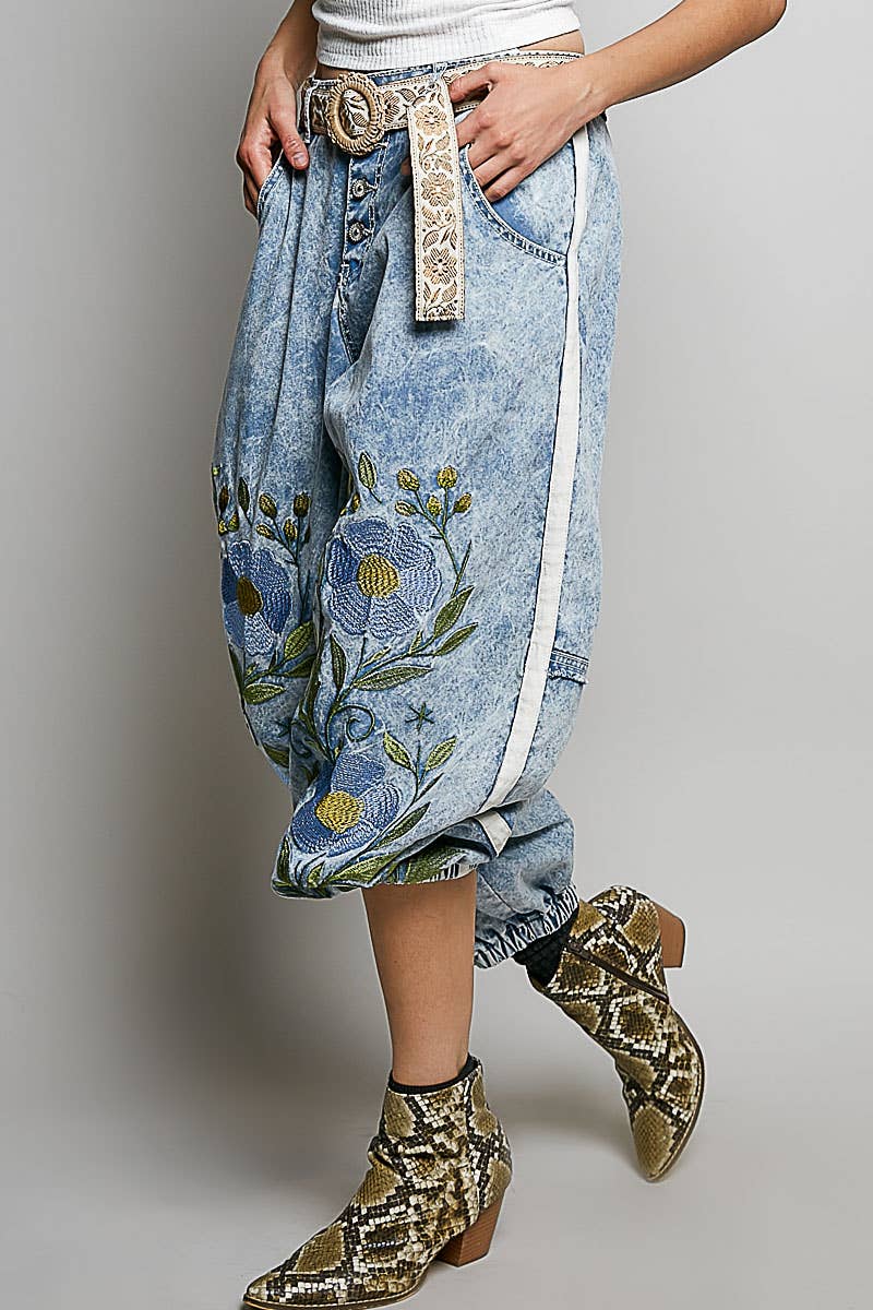 Picking Flower Vintage Floral Artisan Embroidered Twill Jogger Pants