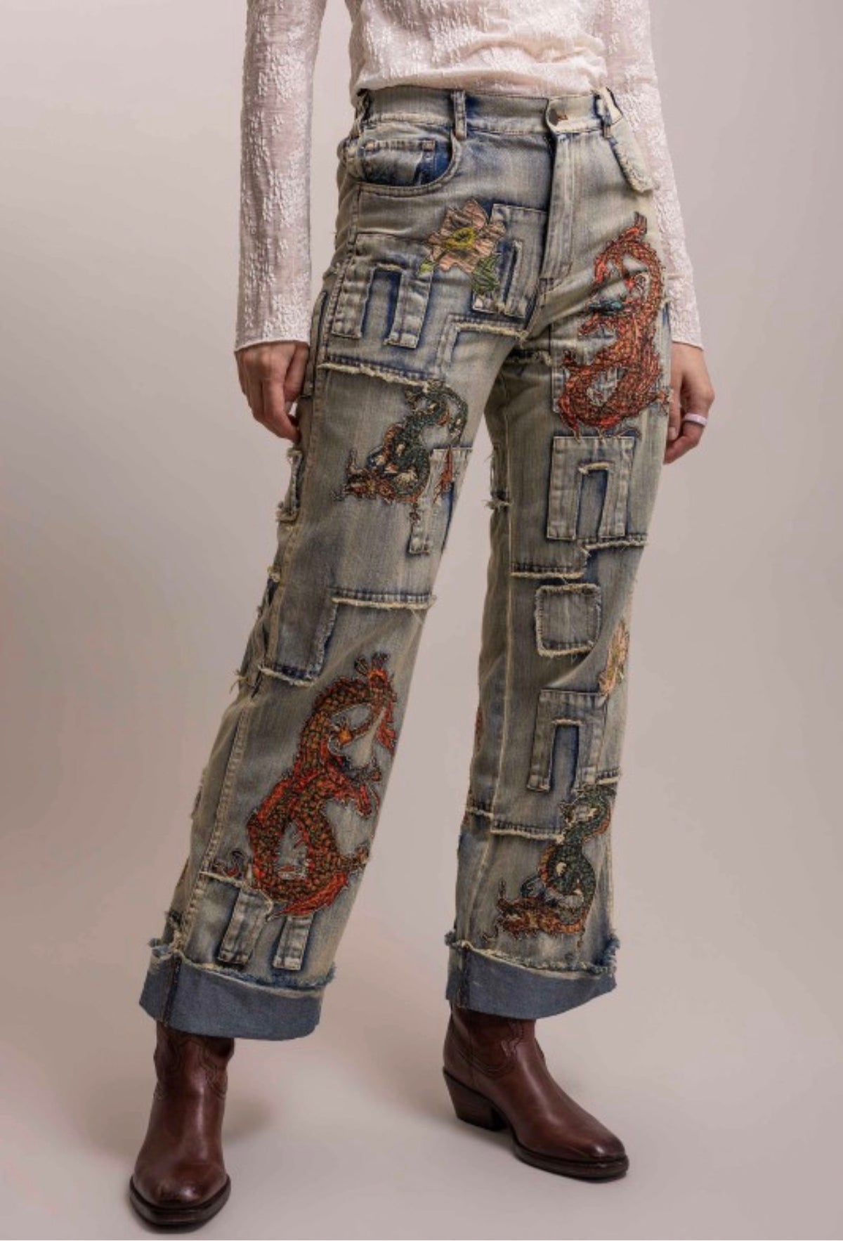 Preorder Shipping 12/15 - Dragon Patchwork Straight Leg Pant