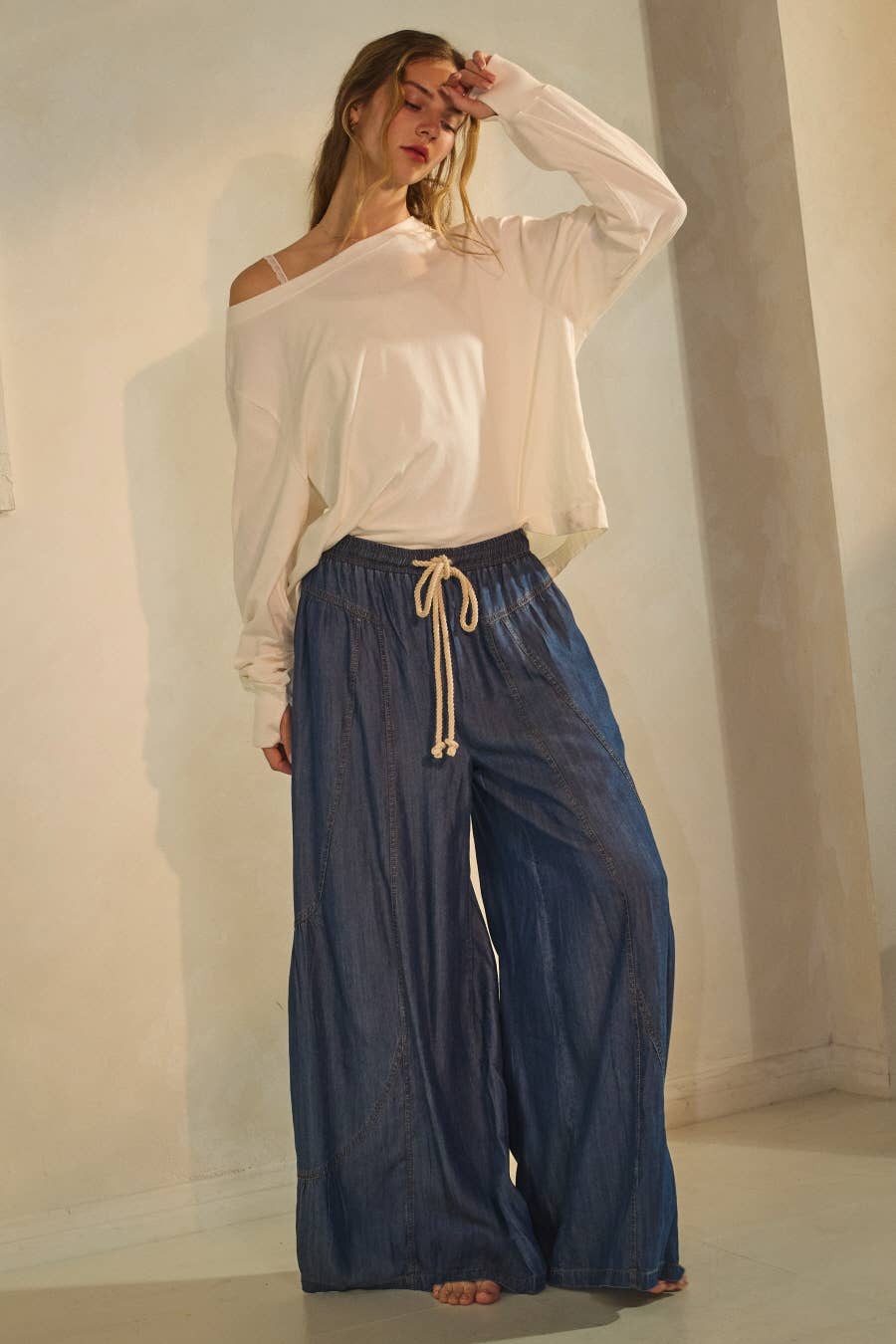 Chambray Denim Wide Palazzo Pants: Washed Dark Chambray