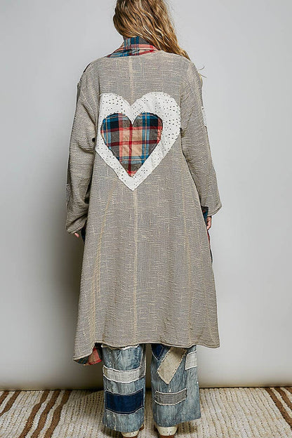 Heart Throb Plaid Textured Lace Heart Patch Woven Open Front Coat in Green
