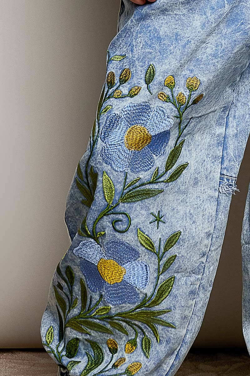 Picking Flower Vintage Floral Artisan Embroidered Twill Jogger Pants