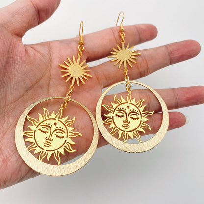 Golden Sun Goddess Pendant Earrings Bohemian Style - MS: Gold