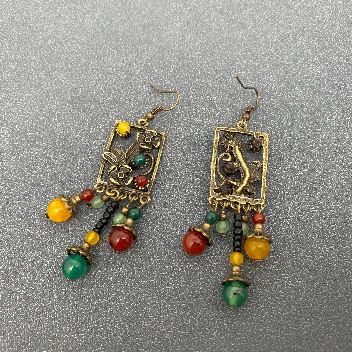 Chinoiserie Agate Glass Beaded Flower Dangle Earrings - CS