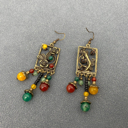 Chinoiserie Agate Glass Beaded Flower Dangle Earrings - CS