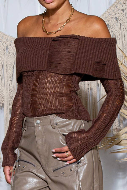 Laddered Off-Shoulder Ribbed Knit Sweater