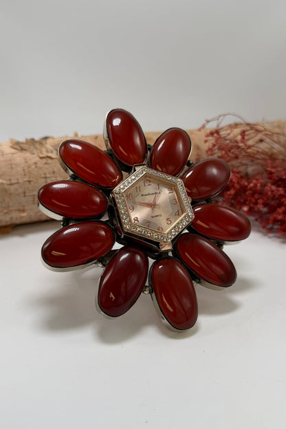 QUARTZ Bedazzled Watch Cuff/Red Stone