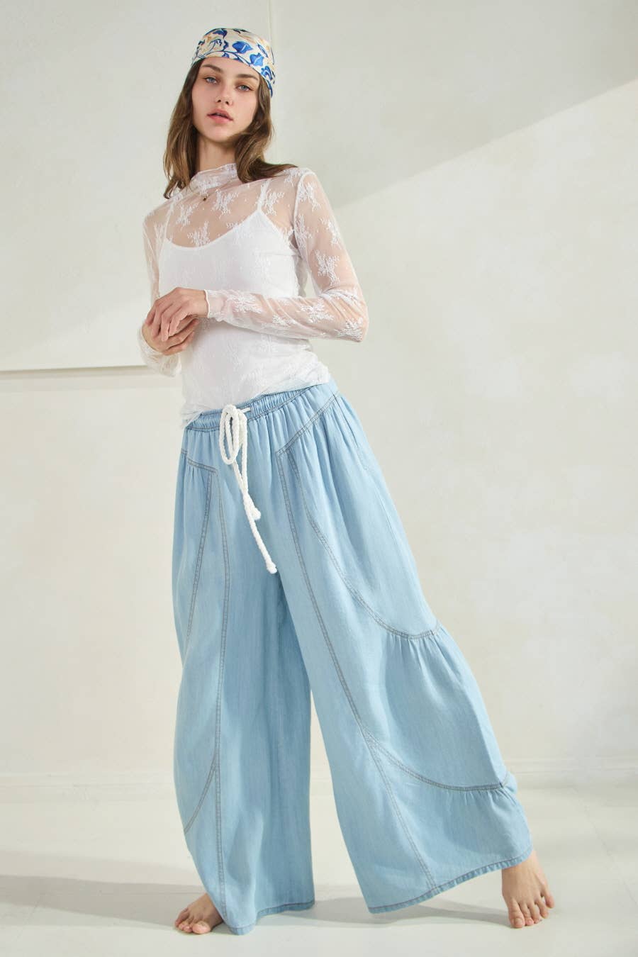 Chambray Denim Wide Palazzo Pants: Washed Dark Chambray