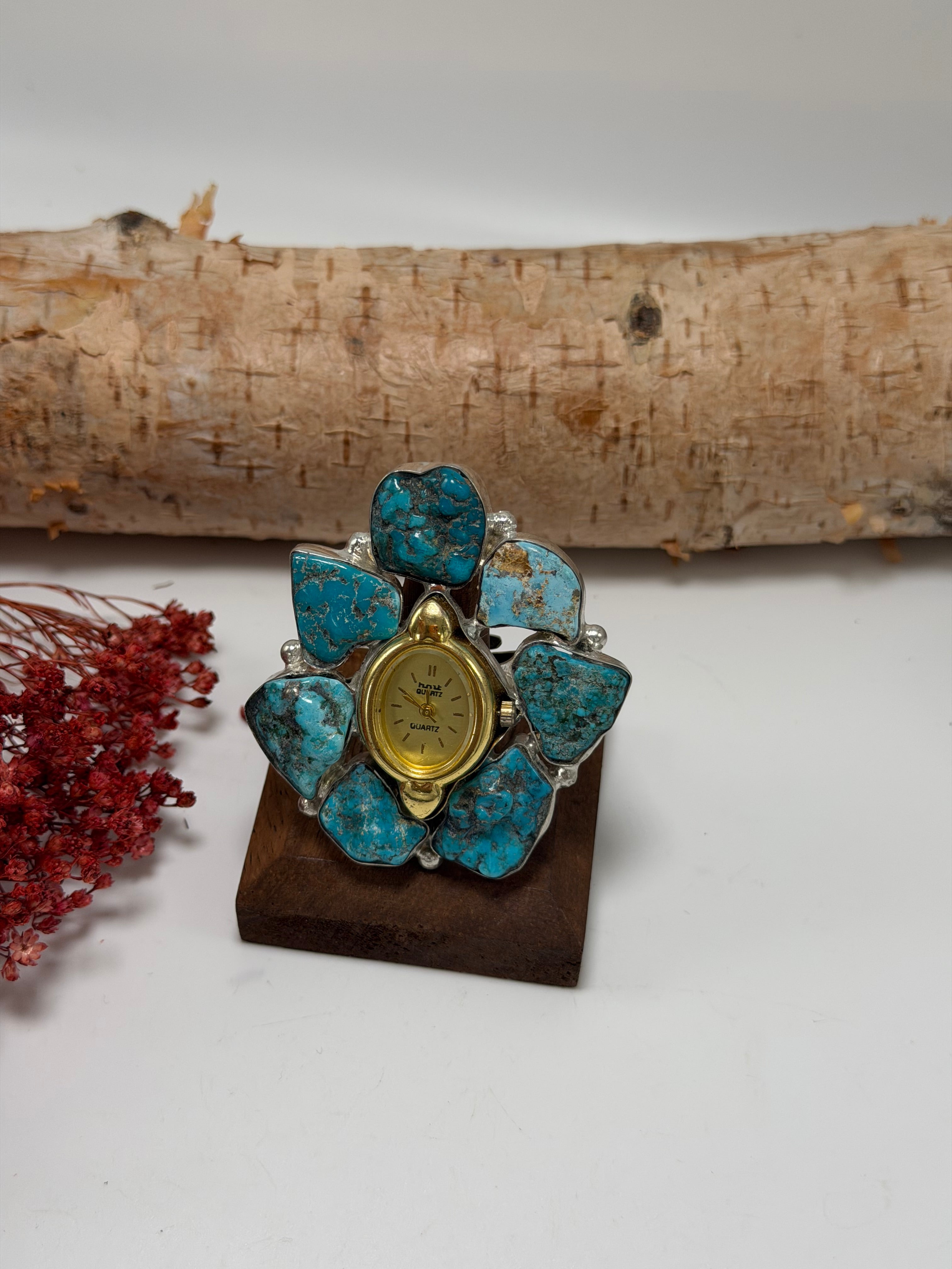 Turquoise & Gold Tick Tock Watch Ring 1