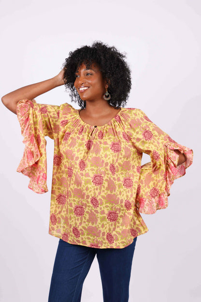 Lemon Floral Flair-Sleeve Blouse in Cotton Voile