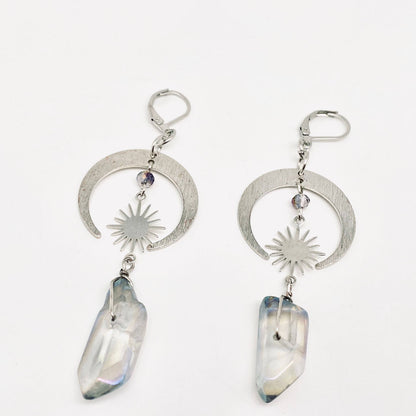 Bohemian Star-moon Combination Crystal Pillar Earrings - MS: Silver